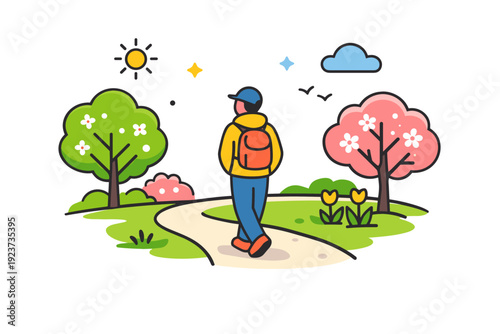 Spring park walk a person strolling along a quiet park path lined with fresh trees and early blossoms, capturing a calm moment of relaxation