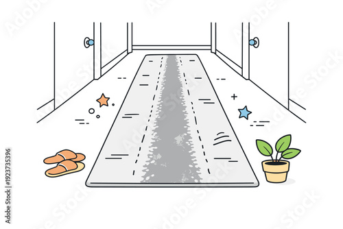 Carpets worn paths. Softly lit hallway carpet with visible worn path running through the center, subtle texture and color variation. Quiet