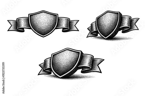 Badge banner with ribbon ends and central emblem shape shown from front view, angled side view, and slightly folded three-quarter view as a