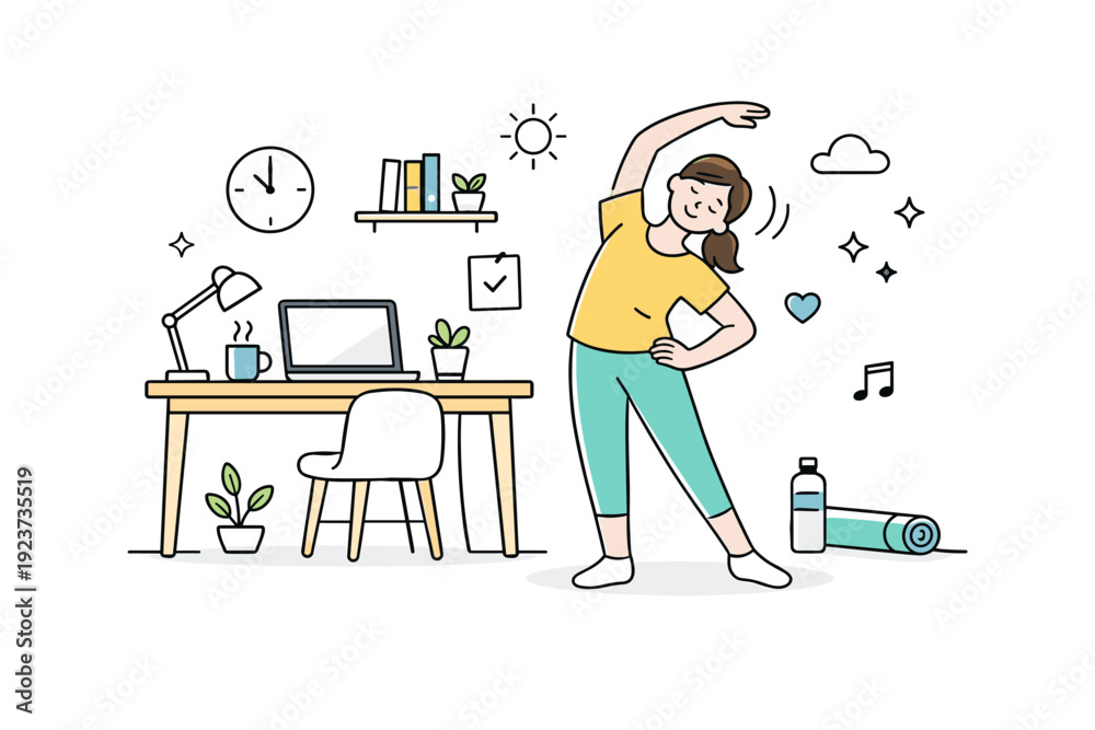 Fototapeta premium Work life balance lifestyle. Person doing light exercise or stretching near a home workspace. Healthy routine combining productivity and wellbeing. Minimalist
