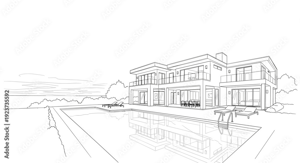 Fototapeta premium Modern luxury house with pool in linear black and white architecture design