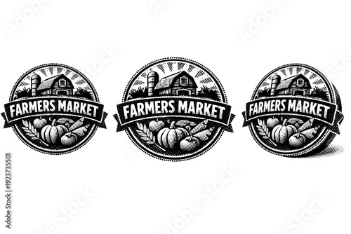 Farmers market emblem seal A seal-style farmers market emblem shown in three views including centered view, angled view, and three-quarter perspective view.