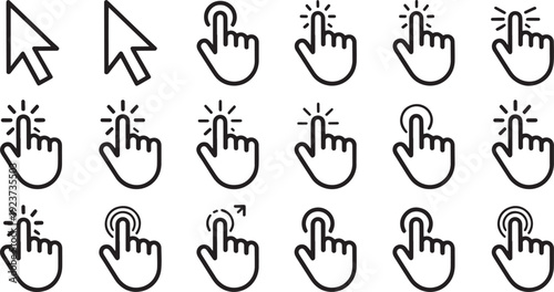 Collection of hand gesture icons with various finger movements isolated on transparent background