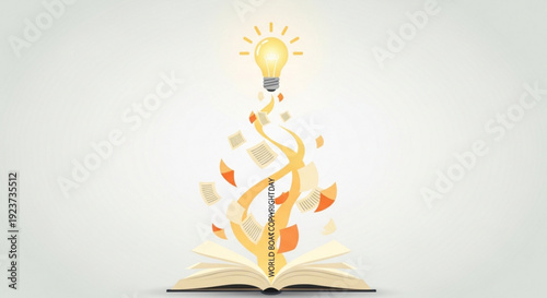 Open book with glowing lightbulb and swirling pages on white background symbolizing inspiration and knowledge