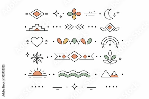 Minimal ethnic ornament. Repeating abstract shapes and lines inspired by folk textiles, arranged evenly. Soft heritage feeling translated