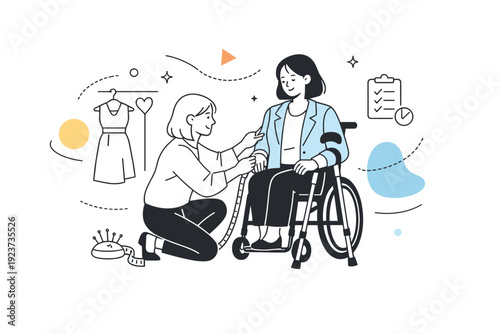 Tailored inclusive fittings. A fashion designer adjusts garments for a model with mobility aids, abstract floating shapes and subtle motion
