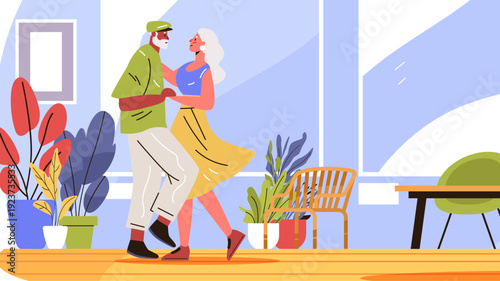 Active seniors couple dancing indoor healthy lifestyle joyful elderly man woman modern home plants bright colors