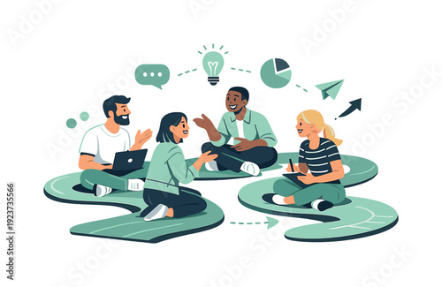 Equal opportunity workplace. Manager and team members exchanging ideas at eye level, no