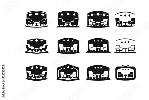 Television Interview Logos. Interview formats on television. Icon set. Set Logo of Interview formats on television: talk show stage symbol. harmonious logo