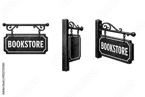 Bookstore entrance sign panel. A realistic bookstore entrance sign panel shown as a single object from three different angles: front view,