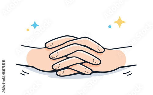 Interlocked hands illustration with sparkling stars and dots, symbolizing connection and positivity