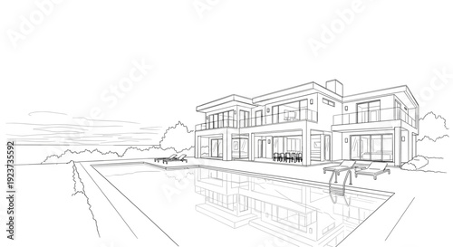 Modern luxury house with pool in linear black and white architecture design