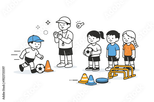 Youth sports training sessions. A small-group practice with kids taking turns and waiting calmly near equipment. Fair play, patience, and structured training