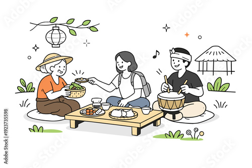 Experiencing local culture outdoors. A visitor interacts with residents during a small cultural activity in a garden setting. The scene highlights openness,