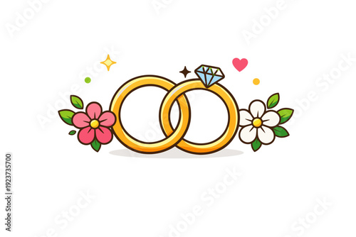 Spring wedding concept simple rings framed by blossoms and soft sparkles, expressing commitment, harmony, and timeless connection. Minimalist