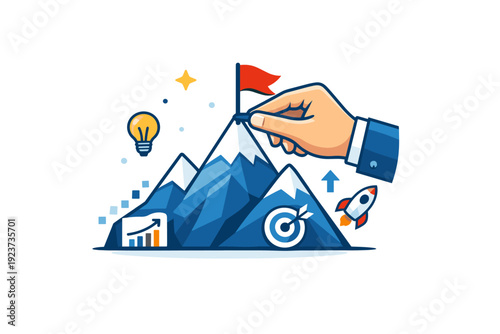 Entrepreneurship achievements in tech startups featuring a hand placing a flag on a digital mountain peak, symbolizing milestones, ambition,