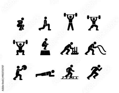 Strength and Conditioning Exercises. Solid icon set of Strength and Conditioning Exercises: squat movement, lunge step, overhead press, clean