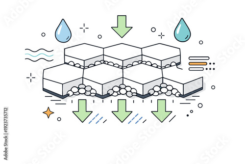 Close-up of permeable pavement pattern. Geometric porous paving blocks with visible gaps for water flow, floating abstract icons of drops,