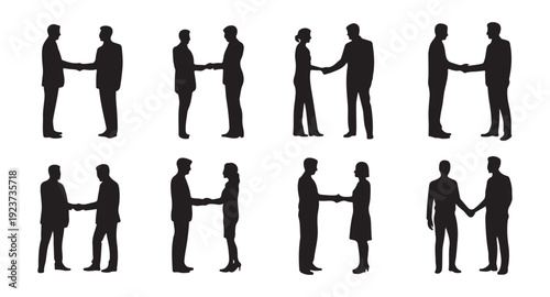 A collection of business people silhouettes in different poses representing teamwork and partnership concepts