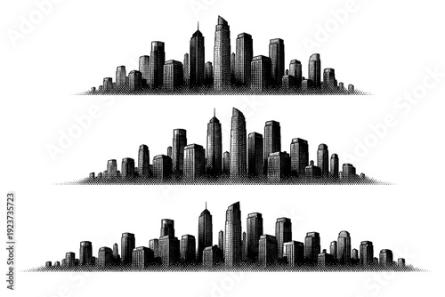 City skyline silhouette modern downtown. A contemporary city skyline with high-rise towers, glass skyscraper forms, and varied rooflines