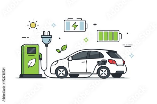 Electric vehicle charging. A car plugged into a green energy charging station, subtle plug and battery icons floating, friendly and