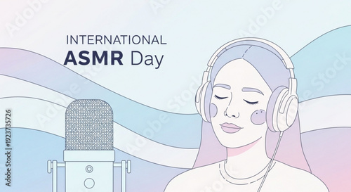 Woman wearing headphones celebrating international asmr day with a microphone nearby for relaxation and sound therapy