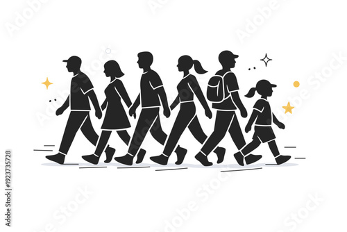 Group silhouettes without faces. People walk in the same direction, simplified bodies forming a visual flow. Sense of movement and unity without individual