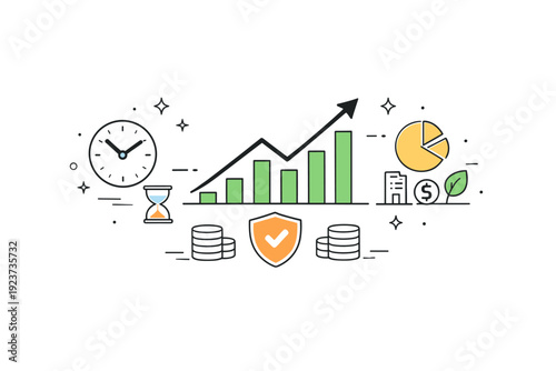 Investment strategy. Minimal background with a central growth line surrounded by icons for time, stability, and diversification, visual