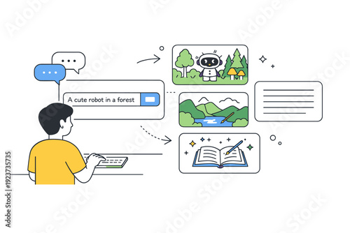 Prompt-based AI interaction. A person typing a short prompt into a simple interface, with visual response blocks appearing nearby. Focused
