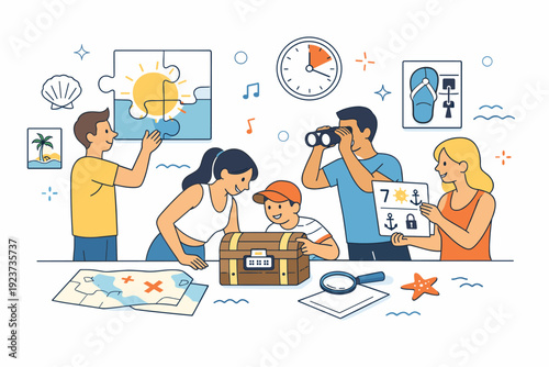 Summer escape room activity. Characters engaged in solving thematic puzzles in a bright, sunlit room with minimal beach or summer motifs, showing fun and