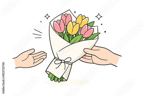 Tulips wrapped in paper close-ups as gift moment. A neat paper-wrapped bouquet angled slightly, suggesting offering or receiving. Soft emotion without showing