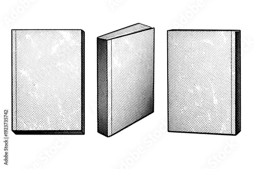 Paperback book cover halftone template. A single paperback book cover template shown in three views: front view, angled spine view, and back