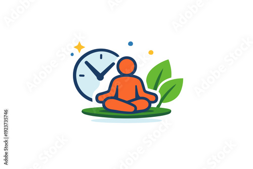 Balanced Career Icon. Sustainable careers focused on work life balance and long term wellbeing. A calm scene with a person icon, clock, and leaf elements