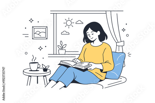 Women indoors with natural light. A woman reading near a window, book resting on her lap, light filling the room. Quiet personal time, peaceful domestic