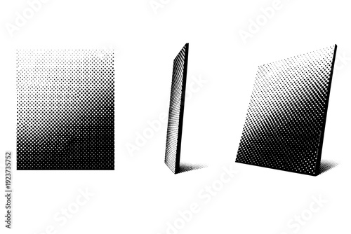 Halftone Dot Views. Diagonal halftone fade panel shown as one angled fade surface object displayed in three views: front view, side view, and three-quarter