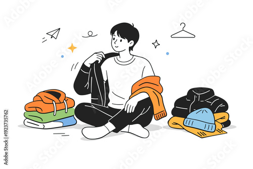 Changing wardrobe layers slowly. A person pauses mid-action with layered clothes nearby, emphasizing slowness and transition rather than