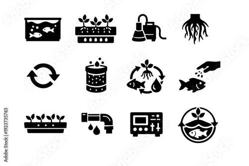 Aquaponics systems. Solid icon set of Aquaponics systems: fish tank, grow bed, water pump, plant roots, circulating water arrows, biofilter barrel, aquaponics