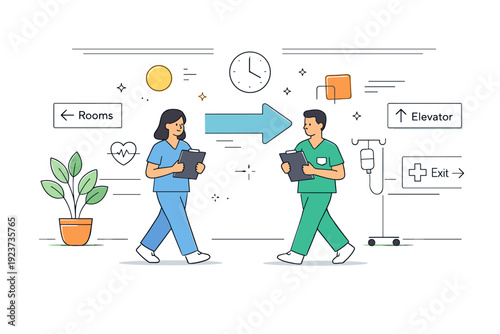 Hospital hallway. Nurses walking with medical charts, subtle directional signs on walls, and abstract shapes floating to convey movement and organization.