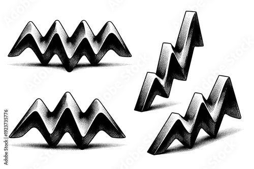 Abstract zigzag wave motif object shown in three views including front view, side view, and three-quarter view emphasizing sharp transitions