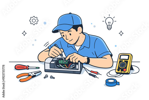 Hands-on technical repair. A worker replaces a small component or adjusts wiring, showing practical skill. Clean editorial composition with gentle motion cues