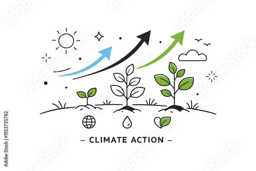 Nature protection graphics ? climate action awareness. Simplified landscape with plants growing and abstract arrows indicating positive change. Calm, hopeful
