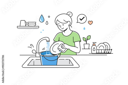 Saving water at home. A simple interior scene with a person using a bucket or efficient tap while cleaning dishes, conveying conscious water-saving habits.