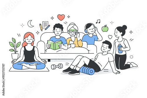 Self care routines. Several simple characters practicing different self-care activities together. Supportive atmosphere, shared wellness