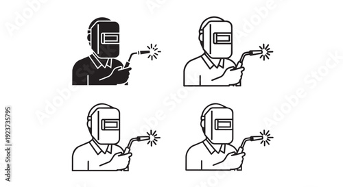 Welder icon set with welding mask and torch. Includes two solid and two outline versions of a worker welding.