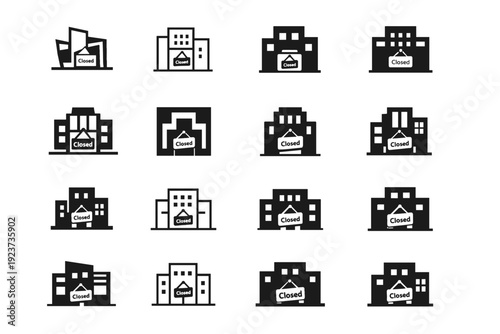 Office Closed Logo Set. office with "Closed" sign. Icon set. Set Logo of office with "Closed" sign: office building facade with closed notice. harmonious logo