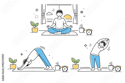 Morning yoga routine. A person practices simple yoga poses near a window, starting the day with calm movement and focus. The illustration feels