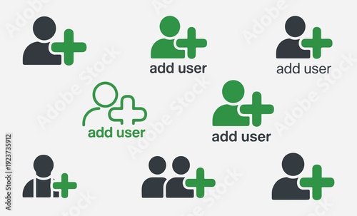 Creative add user icons collection with outline and solid styles featuring green plus symbols for new memberships
