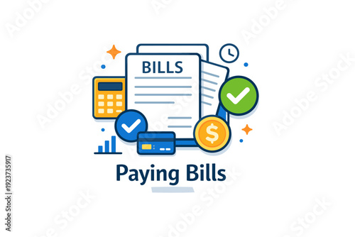 Paying bills compact editorial badge with bills, checkmarks, and subtle financial icons arranged harmoniously, communicating responsibility,
