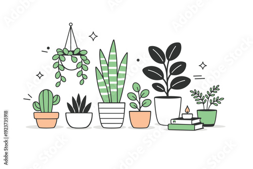 Minimalist Potted Plants. Indoor plants illustration. Simple potted plants arranged in a harmonious layout, creating a cozy and calm natural atmosphere. Soft