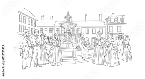 Victorian era fashion gathering around a fountain in a town square